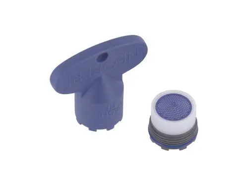 Zwei Strahlregler von Ideal Standard, einer mit einem T-förmigen Griff und der andere mit einer runden Kappe. Beide in Blau gehalten, geeignet für Wasserinstallationen.